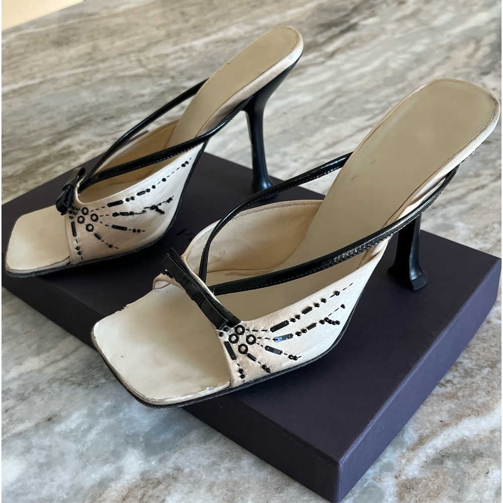 Beautiful Prada heels, tan satin with black hand beads and patent leather bow